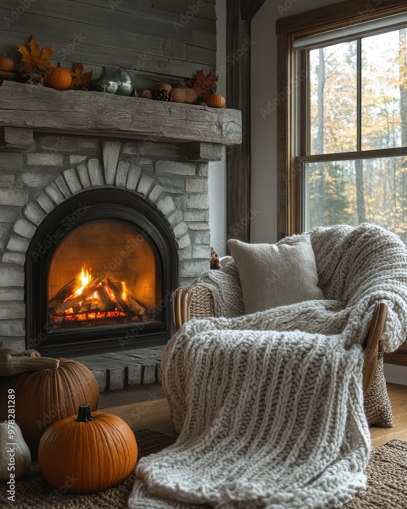Warm Autumn Ambiance in Cozy Living Room with Fireplace, Pumpkin Decor, and Comfy Blankets