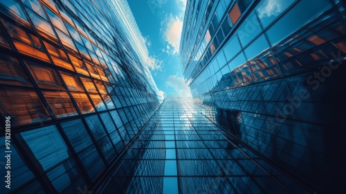 Skyscrapers reflecting the sky and cityscape in a modern urban environment photo