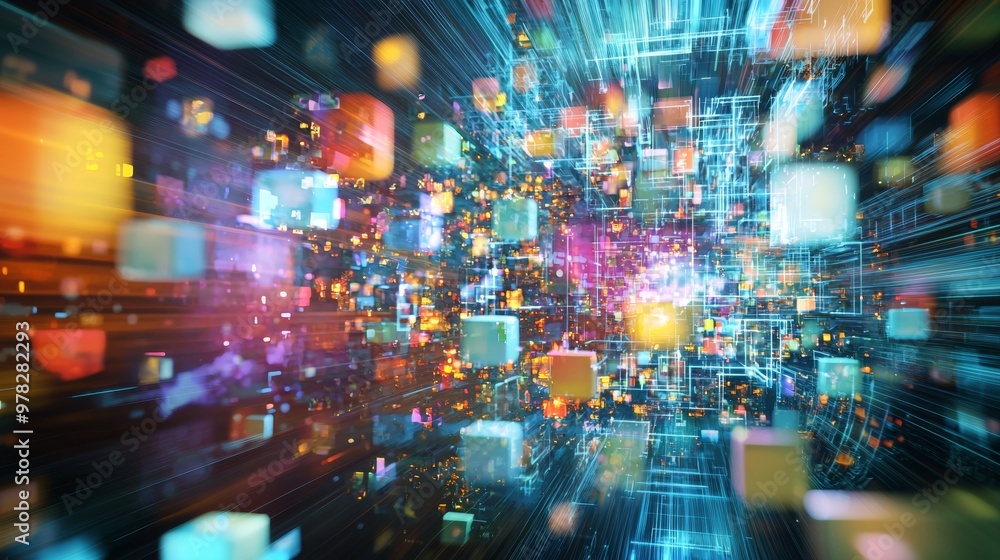 Colorful abstract cubes and data streams in a digital environment Colorful abstract cubes and data streams in a digital environment