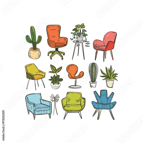 set chairs and home plants hand drawn doodle vector illustration