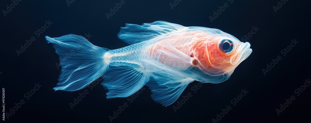 Fototapeta premium Glowing transparent fish swimming in deep sea against black background