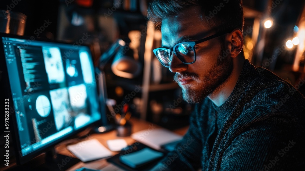 Focused young man working on computer in a tech-driven environment Focused young man working on computer in a tech-driven environment