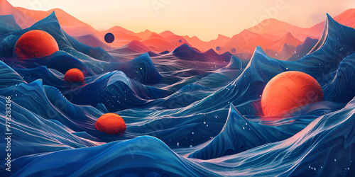 Digital Ocean Waves with Floating Orbs