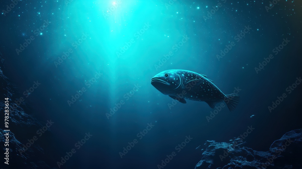 Naklejka premium Bioluminescent creatures lighting up the vast, dark abyssal waters, deep sea fish swimming in the distance