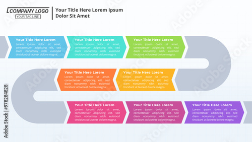 8 Steps Infographic Timeline with Editable Text on a 16:9 Layout for Business Presentation and Marketing.