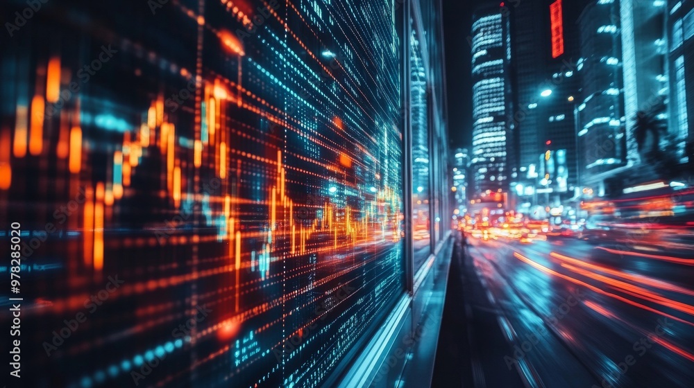 Fototapeta premium Dynamic digital stock market data visualization in city at night
