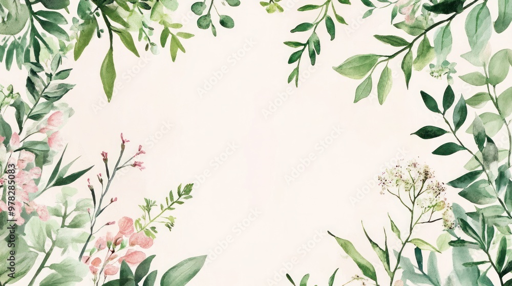 A botanical watercolor frame with hand-painted greenery and wildflowers wrapping around the edges, creating a natural, rustic atmosphere for a wedding invitation. A botanical watercolor frame with hand-painted greenery and wildflowers wrapping around the edges, creating a natural, rustic atmosphere for a wedding invitation.