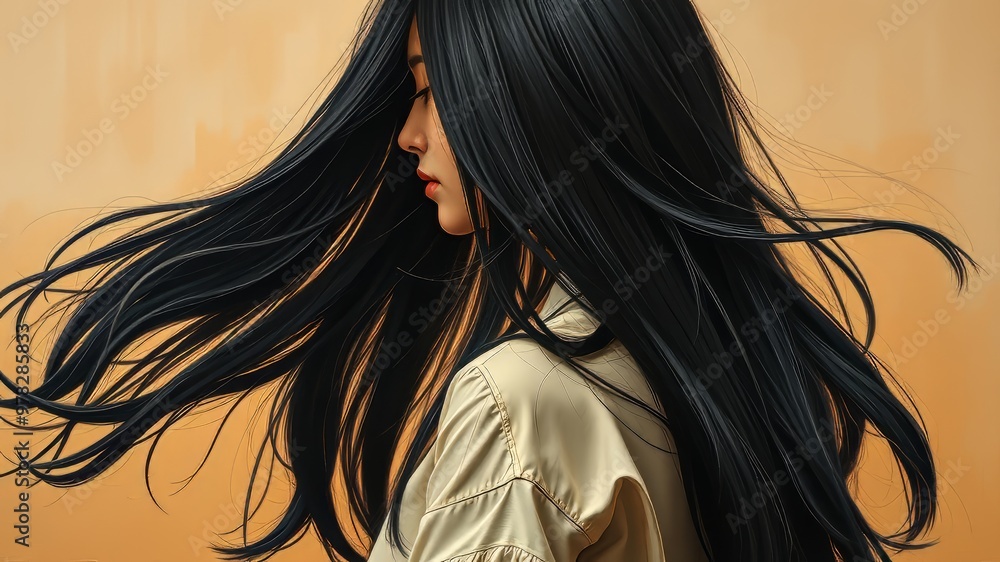 Naklejka premium A woman's hair falls in loose, straight waves down the back, reaching the middle of the shirt, framing