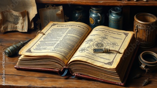 A worn leather-bound tome lies open on a rustic wooden table, pages yellowed with age, corners turned down,