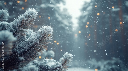 Serene Winter Scene: Snowfall in Tranquil Forest with Snowflakes on Tall Trees photo