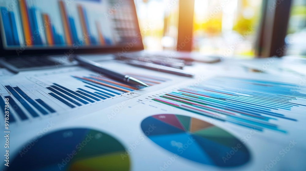 Close-up of business financial charts with laptop and pen Close-up of business financial charts with laptop and pen