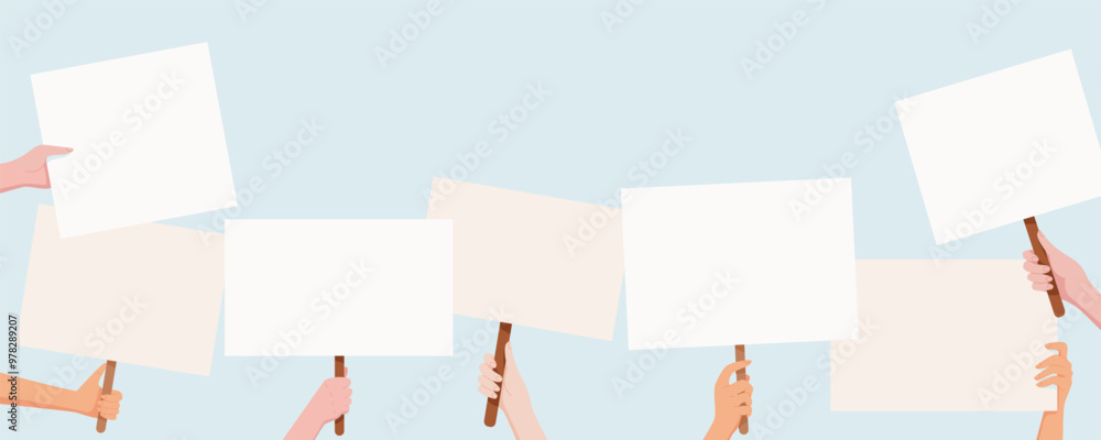 Diverse hands hold protest signs and placards in a unified demonstration. People from the community raise blank banners, combining their strength and voices in a powerful message of protest. Diverse hands hold protest signs and placards in a unified demonstration. People from the community raise blank banners, combining their strength and voices in a powerful message of protest.