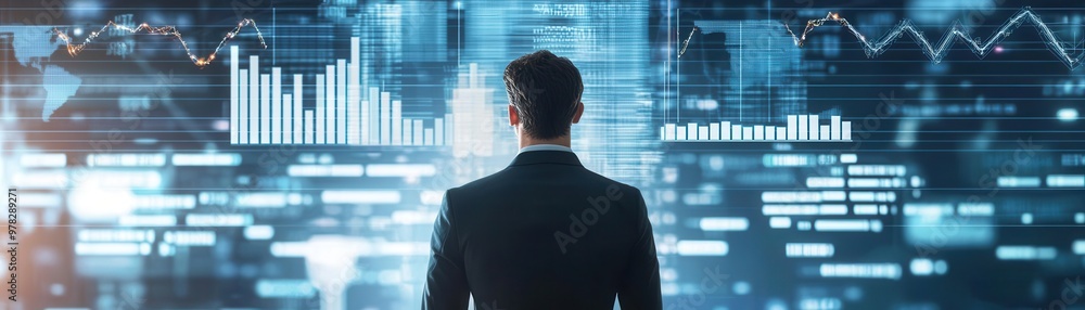 Business leader standing at the forefront of a rapidly expanding company, digital growth charts in the background, success business, visionary leadership Business leader standing at the forefront of a rapidly expanding company, digital growth charts in the background, success business, visionary leadership