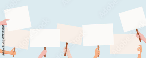 Diverse hands hold protest signs and placards in a unified demonstration. People from the community raise blank banners, combining their strength and voices in a powerful message of protest.