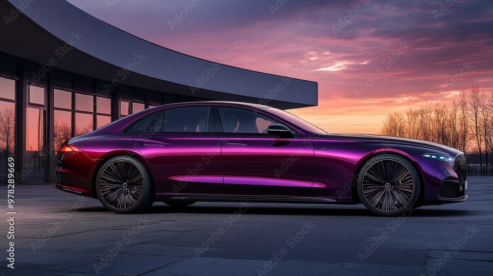 A highgloss luxury car in the color Future Dusk parked on an empty street at sunset The deep violet paint shines under the fading sunlight creating rich reflections and sleek curves The background sky A highgloss luxury car in the color Future Dusk parked on an empty street at sunset The deep violet paint shines under the fading sunlight creating rich reflections and sleek curves The background sky