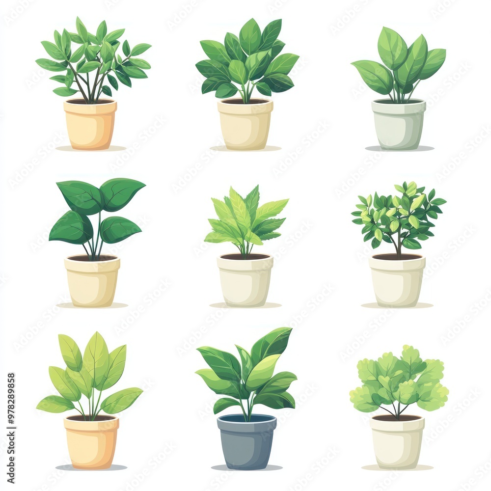 Fototapeta premium Collection of Nine Potted Plants - Illustration