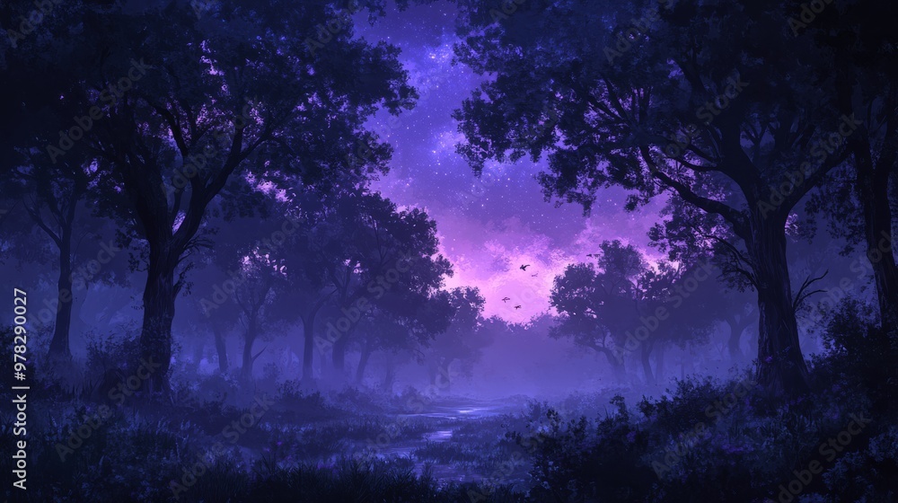 A scenic nighttime forest with tall trees bathed in deep Future Dusk tones The sky overhead fades from dark purple to indigo while the shadows of the trees create an eerie yet calm atmosphere The deep A scenic nighttime forest with tall trees bathed in deep Future Dusk tones The sky overhead fades from dark purple to indigo while the shadows of the trees create an eerie yet calm atmosphere The deep