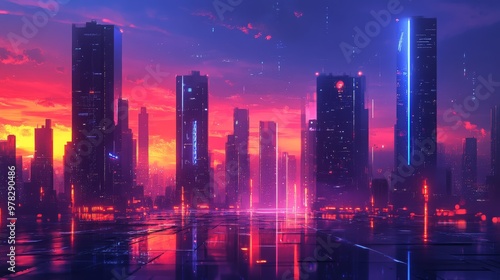 A sleek futuristic cityscape at twilight where the sky is painted in deep shades of Future Dusk The buildings reflect the dark violet tones with blue accents and glowing windows create a contrast of w