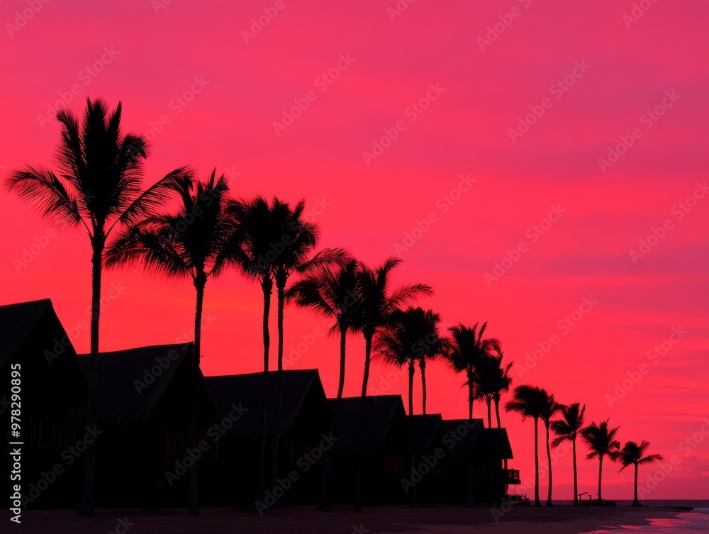 Obraz premium A vibrant sunset over the ocean with the sky bathed in rich Sunset Coral tones Gentle waves reflect the warm coral hues and the sun casts a soft glow over the beach Silhouettes of palm trees in the fo