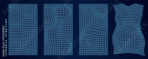 Set of abstract 3D wireframe grids with wavy mesh shapes. Futuristic geometric design with lines and cyber elements in a digital Y2K style. Dynamic pattern and pattern elements with editable stroke