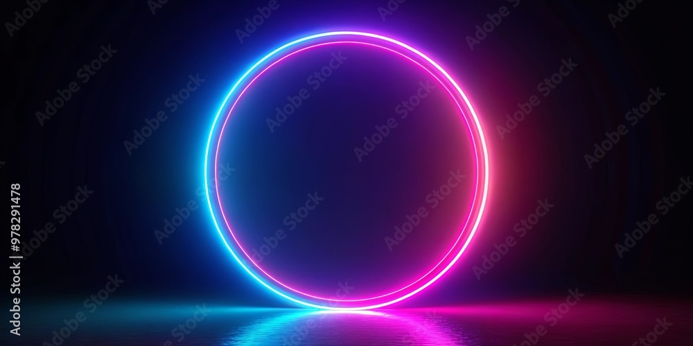 A vibrant neon circle shining on a dark background with a sparkling center reflection A vibrant neon circle shining on a dark background with a sparkling center reflection