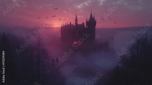 Eerie Vampire Castle: Gothic Scene at Dusk with Bats - Aerial View with DJI Mavic Air 2 in Red and Purple Tones