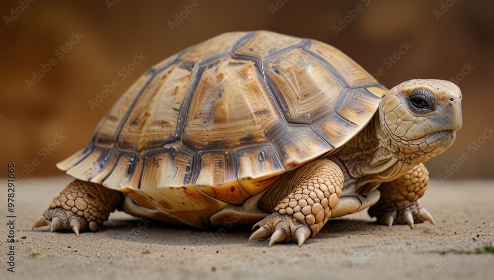 Sulcata tortoise over a blurry natural background Sulcata tortoise over a blurry natural background