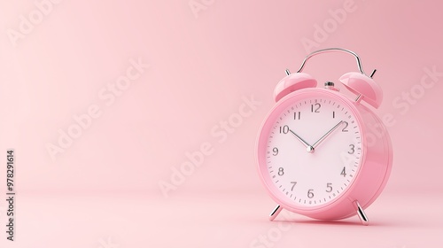 An alarm clock, set against a soft pink background. The alarm clock is positioned prominently, with stylish details and a modern look.