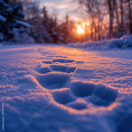 Tranquil Morning - Dog's Pawprints in Fresh Snow Under Soft Winter Light captured with Canon EOS 1D X Mark III Macro Lens photo