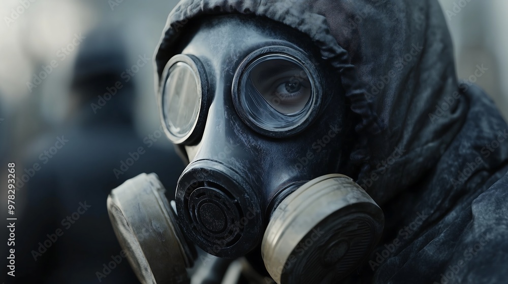 A person wearing a gas mask while handling toxic substances. The individual is focused and careful, dressed in protective gear, with the gas mask clearly visible. A person wearing a gas mask while handling toxic substances. The individual is focused and careful, dressed in protective gear, with the gas mask clearly visible.
