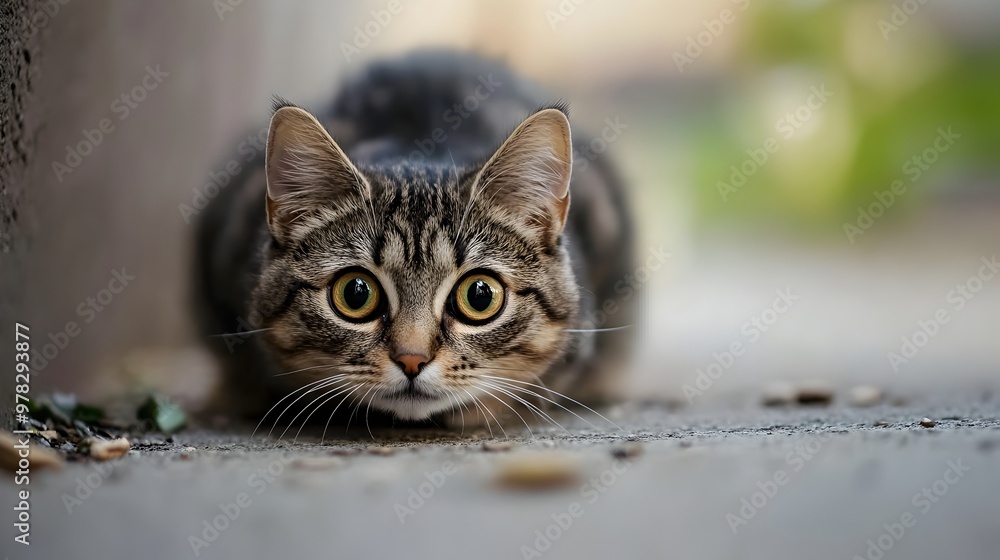 Feline Predator Crouched and Ready to Pounce with Intense Focus Feline Predator Crouched and Ready to Pounce with Intense Focus