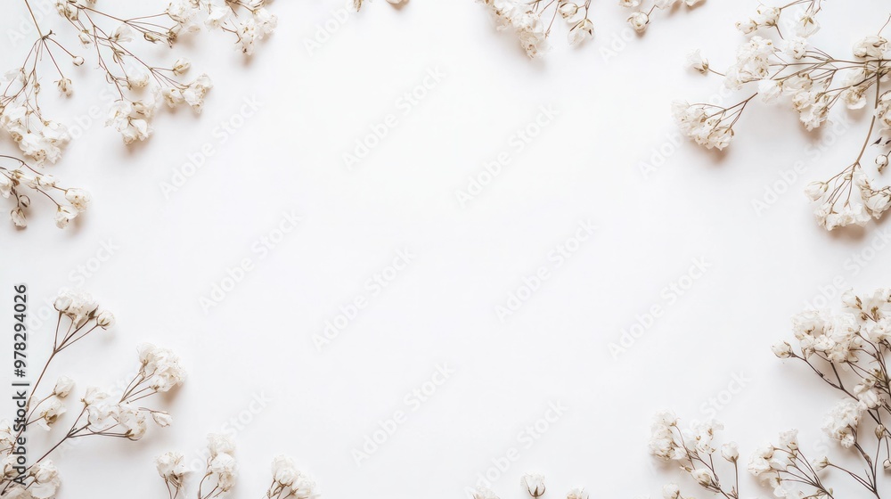 A classic white background frame with delicate floral details in the corners, providing space for elegant wedding text and a minimalist aesthetic. A classic white background frame with delicate floral details in the corners, providing space for elegant wedding text and a minimalist aesthetic.