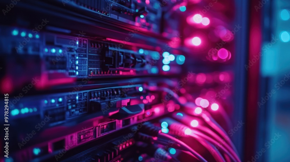 A close-up of fiber optic cables connected to networking equipment in a server rack, ensuring fast data transmission. A close-up of fiber optic cables connected to networking equipment in a server rack, ensuring fast data transmission.