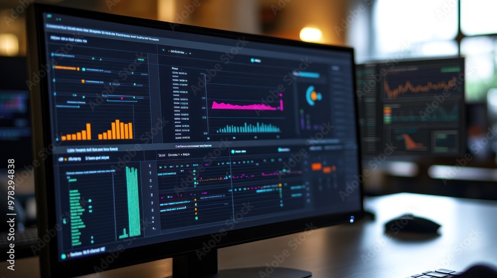 A close-up of network management software on a monitor, displaying live data traffic, device statuses, and potential issues. A close-up of network management software on a monitor, displaying live data traffic, device statuses, and potential issues.