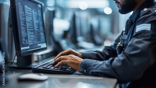 Close-up of a customs officer typing information into a computer at passport control, document verification, travel security