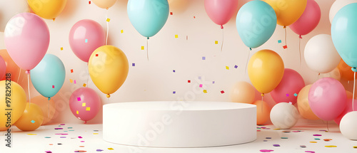 3D rendering of a podium mockup scene with colorful balloons and confetti, featuring a party atmosphere background for a birthday product presentation. The color palette is multicolored and white. photo