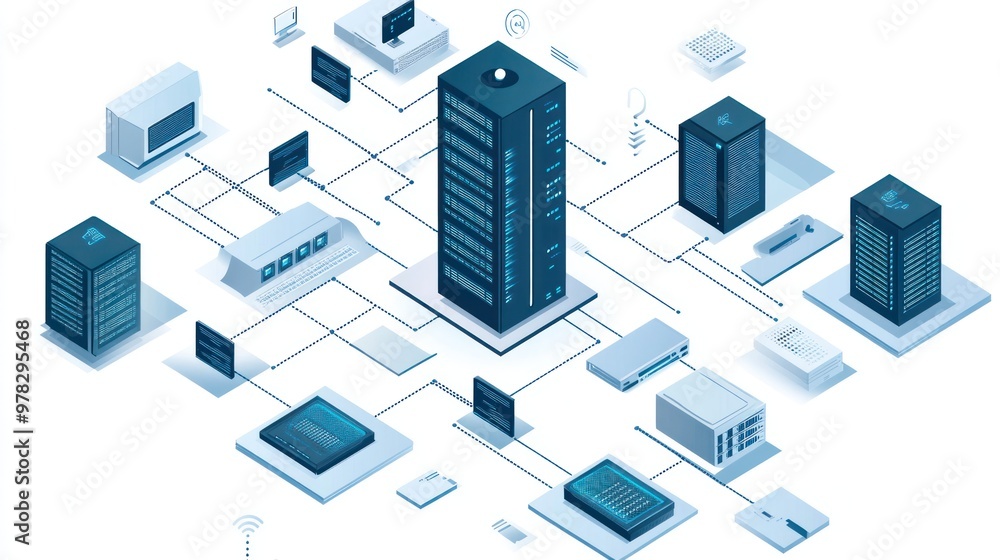 A corporate enterprise network layout with interconnected routers, firewalls, and servers, optimized for secure and fast data transmission. A corporate enterprise network layout with interconnected routers, firewalls, and servers, optimized for secure and fast data transmission.