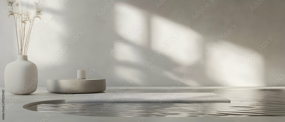 3D rendering of a podium mockup scene with a yoga mat and tranquil water background for a wellness product presentation. The color palette is lavender and light gray. Minimal geometric forms with 3D rendering of a podium mockup scene with a yoga mat and tranquil water background for a wellness product presentation. The color palette is lavender and light gray. Minimal geometric forms with