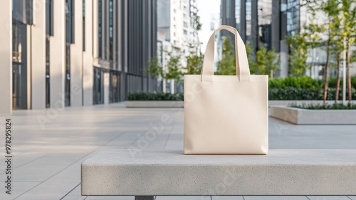 Wallpaper Mural A large blank tote bag resting on concrete bench in modern urban setting, surrounded by greenery and contemporary architecture, evokes sense of minimalism and tranquility Torontodigital.ca