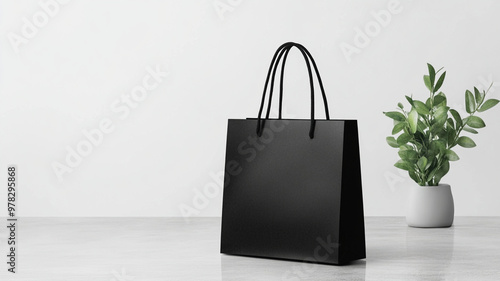 A sleek black shopping bag stands elegantly against minimalist backdrop, complemented by vibrant green plant in white pot, creating modern and stylish atmosphere