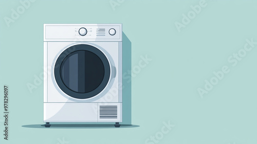 A modern tumble dryer with sleek design, featuring large circular door and control panel, set against soft pastel background. This appliance is essential for efficient laundry care