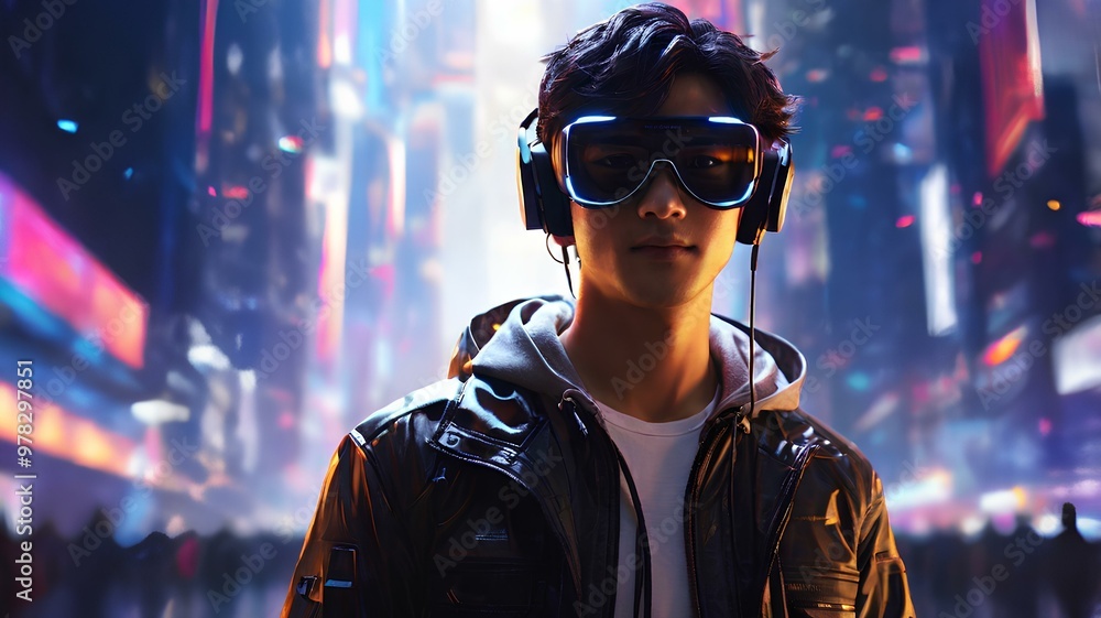A man wearing a VR headset inside a virtual cyber city background A man wearing a VR headset inside a virtual cyber city background