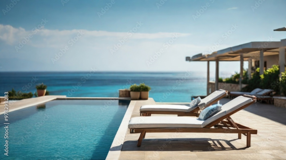 Terrace with sunbeds and swimming pool with a sea view Terrace with sunbeds and swimming pool with a sea view