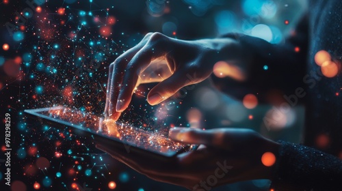 Close-up of hands interacting with a tablet emitting glowing data particles photo