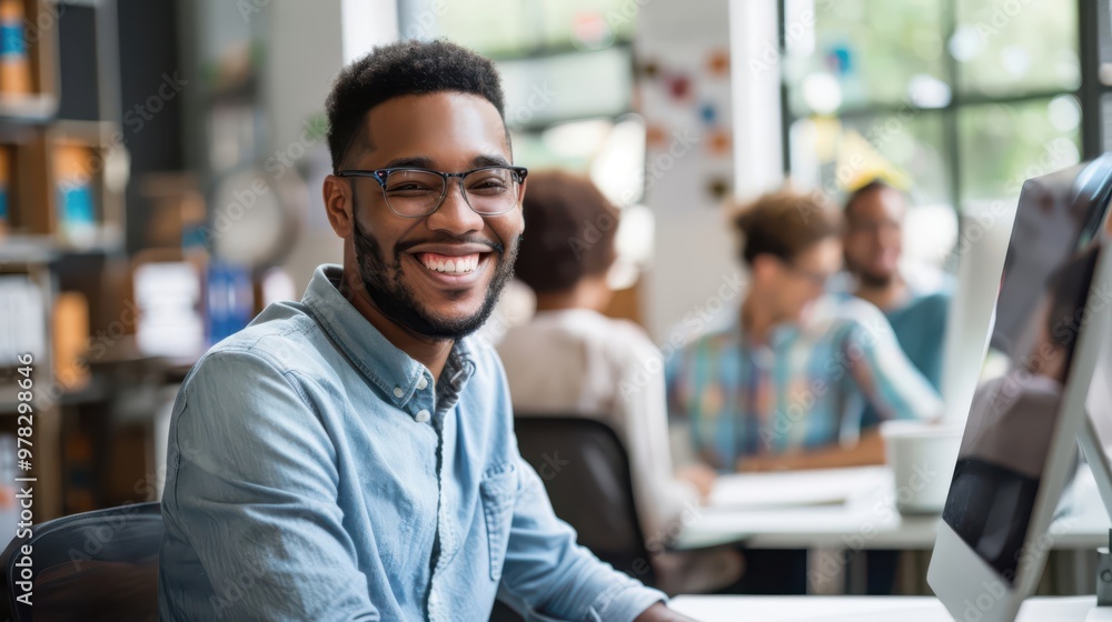 Enthusiastic Employee: A man smiling broadly at his computer, capturing the essence of a fulfilling workday. Enthusiastic Employee: A man smiling broadly at his computer, capturing the essence of a fulfilling workday.