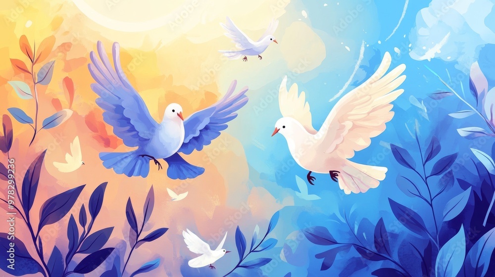 Create a serene and inspiring background for International Day of Peace, featuring calming elements like doves, olive branches, and gentle earth tones to symbolize global harmony and unity Create a serene and inspiring background for International Day of Peace, featuring calming elements like doves, olive branches, and gentle earth tones to symbolize global harmony and unity