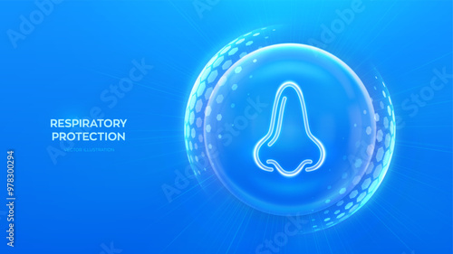 Human nose and respiratory system care. Protection from viruses, dust and allergens. Healthcare. Nose icon inside protection sphere shield with hexagon pattern on blue background. Vector illustration.