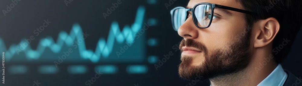 Businessperson examining a rising financial chart with serious expression, Dynamic financial growth, Focused financial analysis Businessperson examining a rising financial chart with serious expression, Dynamic financial growth, Focused financial analysis