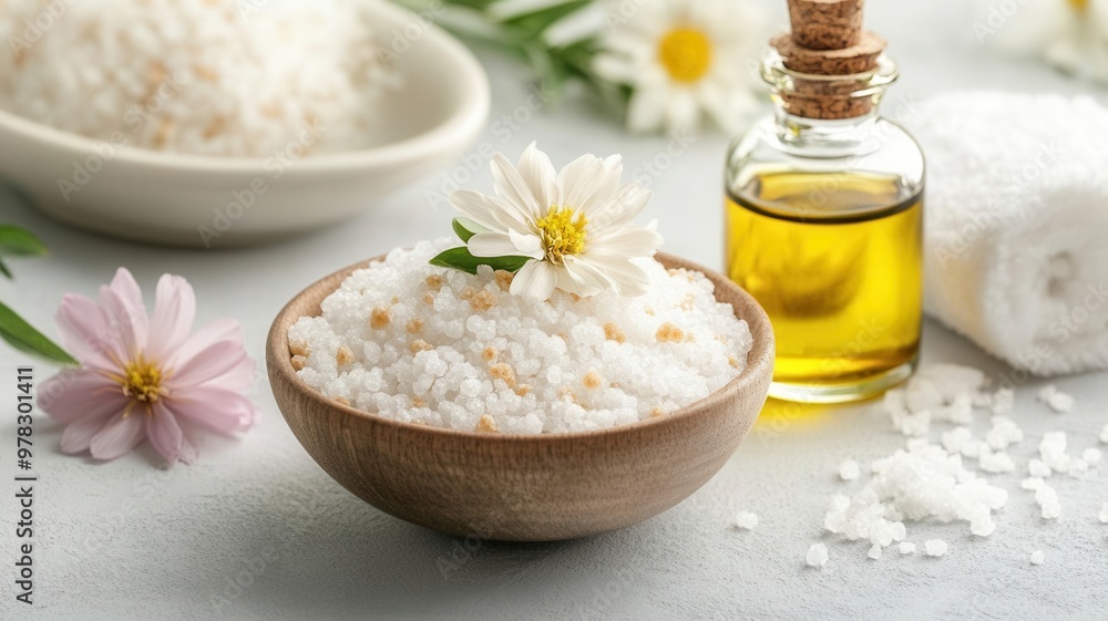 Bowl of bath salts with fresh flowers and a bottle of oil, Home spa and beauty rituals, Prepared for a rejuvenating bath Bowl of bath salts with fresh flowers and a bottle of oil, Home spa and beauty rituals, Prepared for a rejuvenating bath
