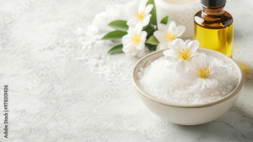 Bowl of bath salts with fresh flowers and a bottle of oil, Home spa and beauty rituals, Prepared for a rejuvenating bath photo